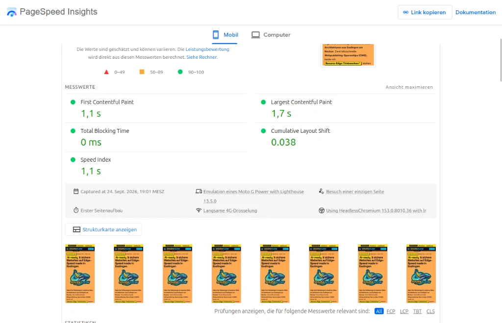 Core Web Vitals Messwerte First Contentful Paint 1.1s Total Blocking Time 0ms auf soupaflow.com