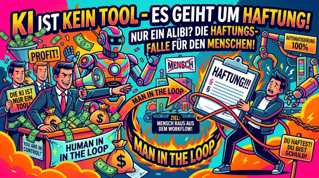 Szene, die zeigt, dass der Mensch haften soll, wenn KI einen Fehler macht
