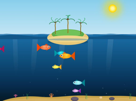Claude Desktop instruiert Claude Code eine Insel mit Unterwasserwelt mit Javascript zu programmieren