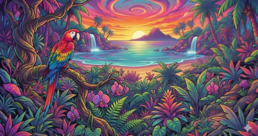 Stylized Team Island Szene mit Papagei, surreale Farben