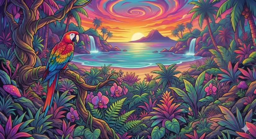 Stylized Team Island Szene mit Papagei, surreale Farben