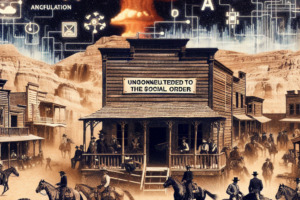 Unregulated_Wild_West_AI endangers_our_social_coexistence_DallE Bild einer Wild West Szene mit Salloon und chaotischen Zuständen, das die Auswirkungen von unregulierter KI auf die Gesllschaft veransc haulichen soll. Im Hintergrund sieht man einen Atompilz