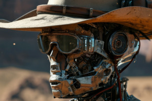Unregulated_Wild_West_AI endangers_our_social_coexistence_Stable_Diffusion Wild West KI dargestellt ais ein Mix aus Revolverheld und Terminator
